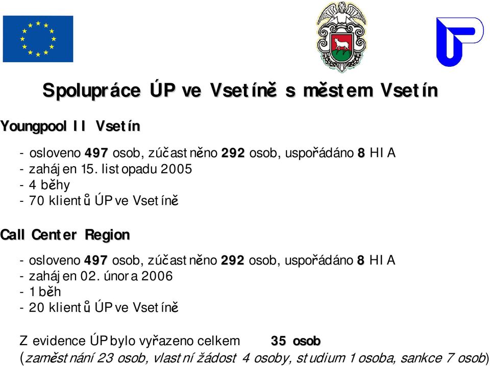 292 osob, uspořádáno 8 HIA - zahájen 02.