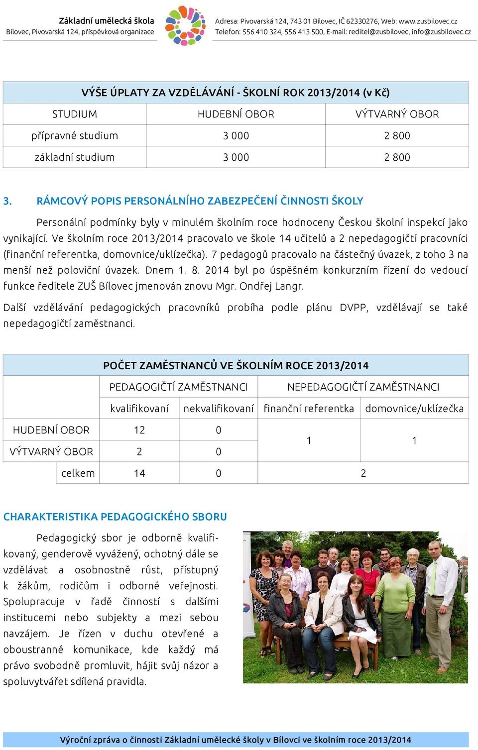 hodnoceny Českou školní inspekcí jako vynikající. Ve školním roce 203/204 pracovalo ve škole 4 učitelů a 2 nepedagogičtí pracovníci (fnanční referentka, domovnice/uklízečka).