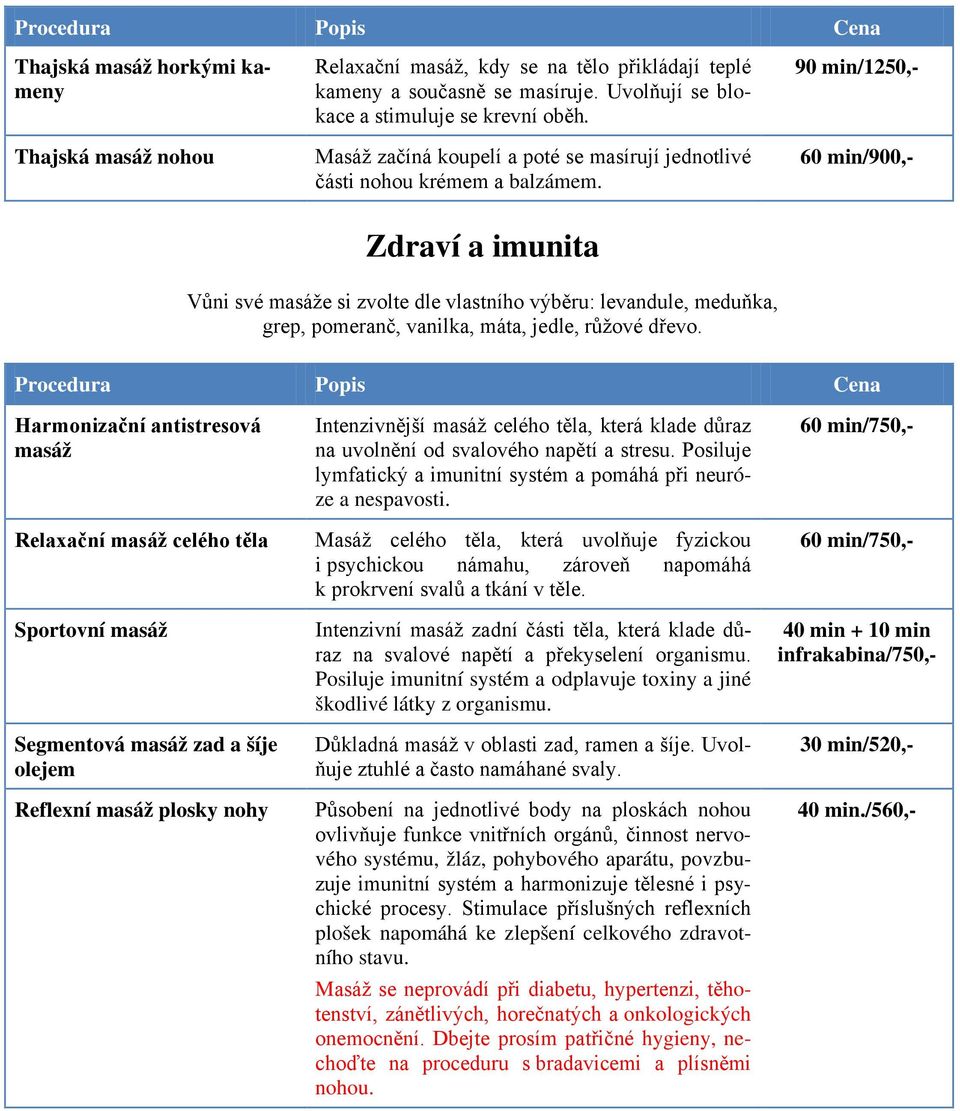 90 min/1250,- Zdraví a imunita Vůni své masáže si zvolte dle vlastního výběru: levandule, meduňka, grep, pomeranč, vanilka, máta, jedle, růžové dřevo.