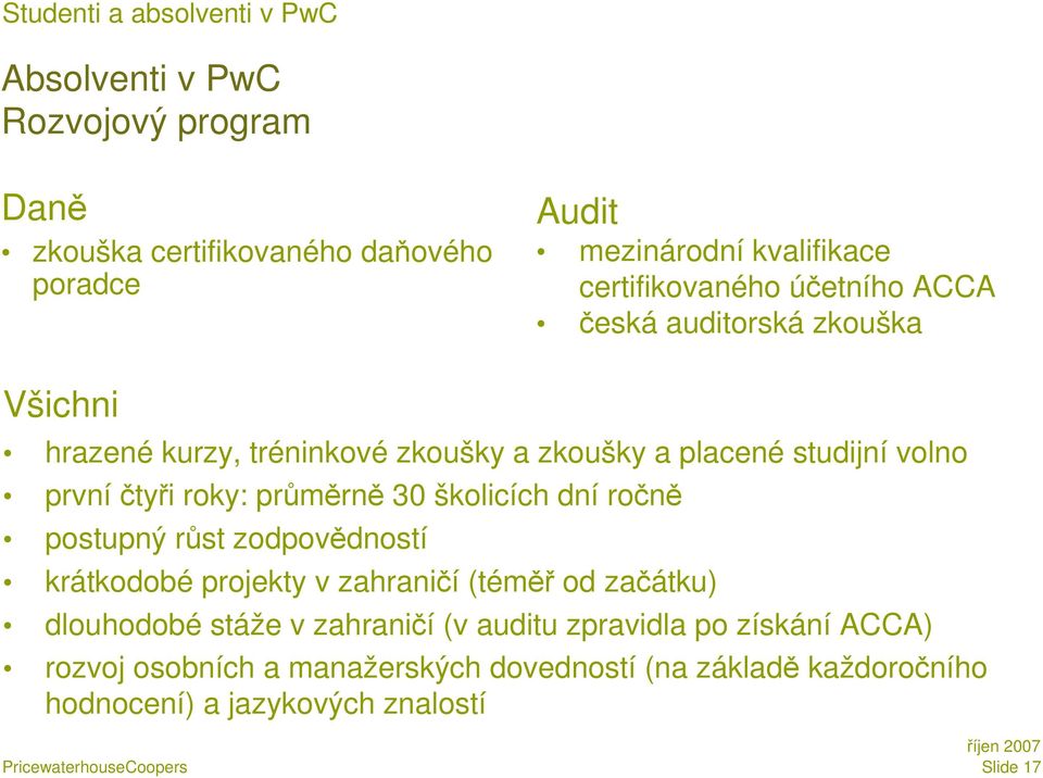 roky: průměrně 30 školicích dní ročně postupný růst zodpovědností krátkodobé projekty v zahraničí (téměř od začátku) dlouhodobé stáže v