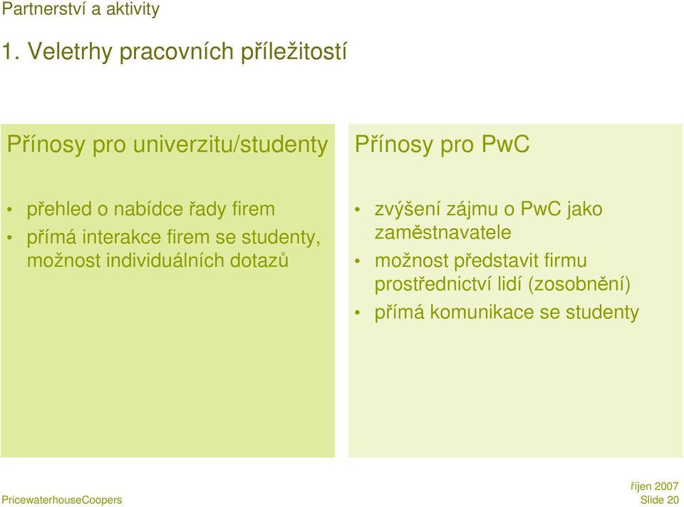 přehled o nabídce řady firem přímá interakce firem se studenty, možnost