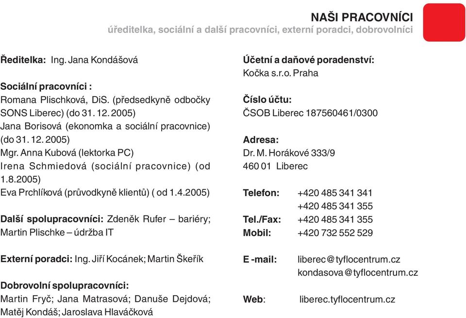 2005) Eva Prchlíková (průvodkyně klientů) ( od 1.4.2005) Další spolupracovníci: Zdeněk Rufer bariéry; Martin Plischke údržba IT Externí poradci: Ing.