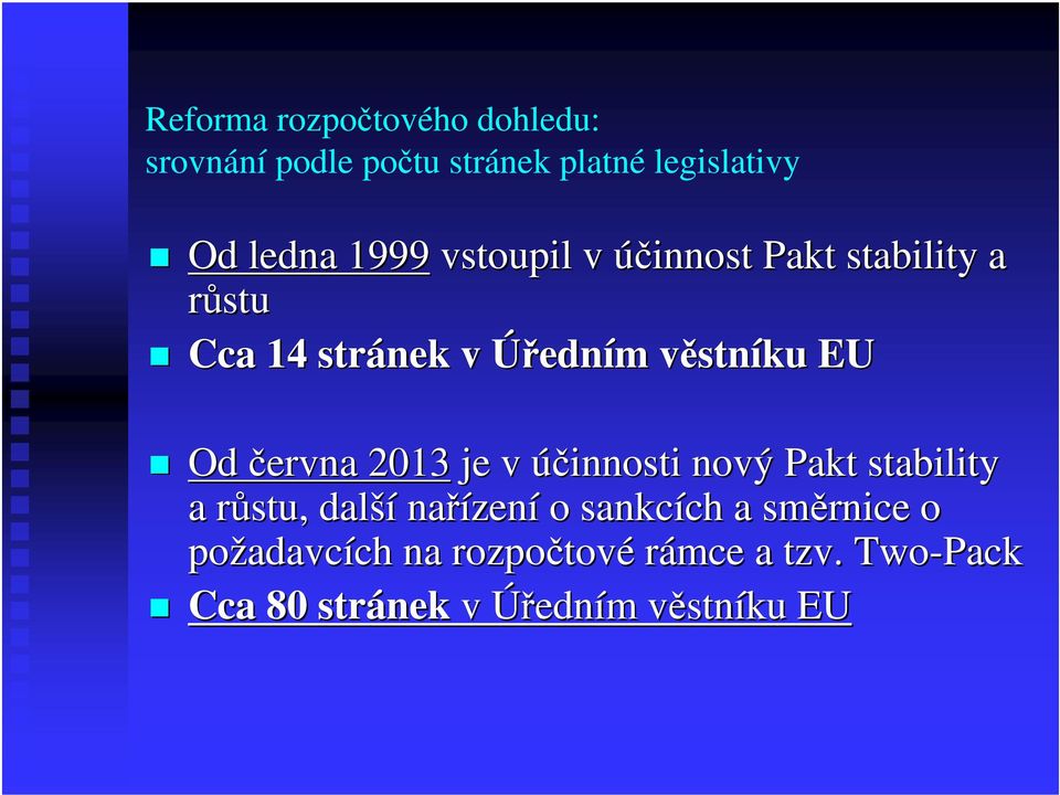 2013 je v účinnosti nový Pakt stability a růstu, r další nařízen zení o sankcích ch a směrnice o