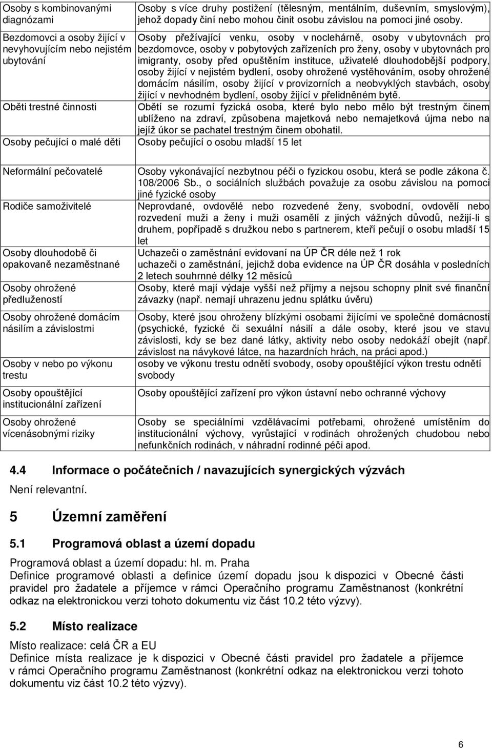 Osoby přežívající venku, osoby v noclehárně, osoby v ubytovnách pro bezdomovce, osoby v pobytových zařízeních pro ženy, osoby v ubytovnách pro imigranty, osoby před opuštěním instituce, uživatelé