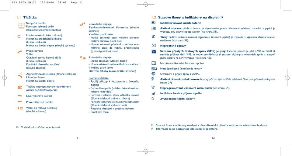 (dlouhé stisknutí) Příjem hovoru Volání Otevření paměti hovorů (BIS) (krátké stisknutí) Používání hlasového vytáčení (dlouhé stisknutí) Zapnutí/Vypnutí telefonu (dlouhé stisknutí) Ukončení hovoru