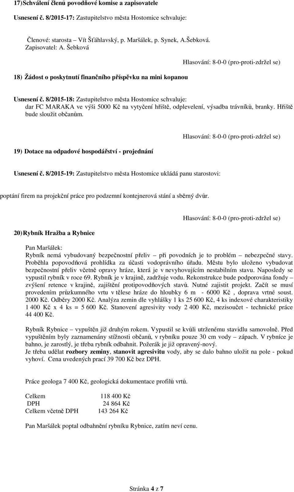 8/2015-18: Zastupitelstvo města Hostomice schvaluje: dar FC MARAKA ve výši 5000 Kč na vytyčení hřiště, odplevelení, výsadba trávníků, branky. Hřiště bude sloužit občanům.