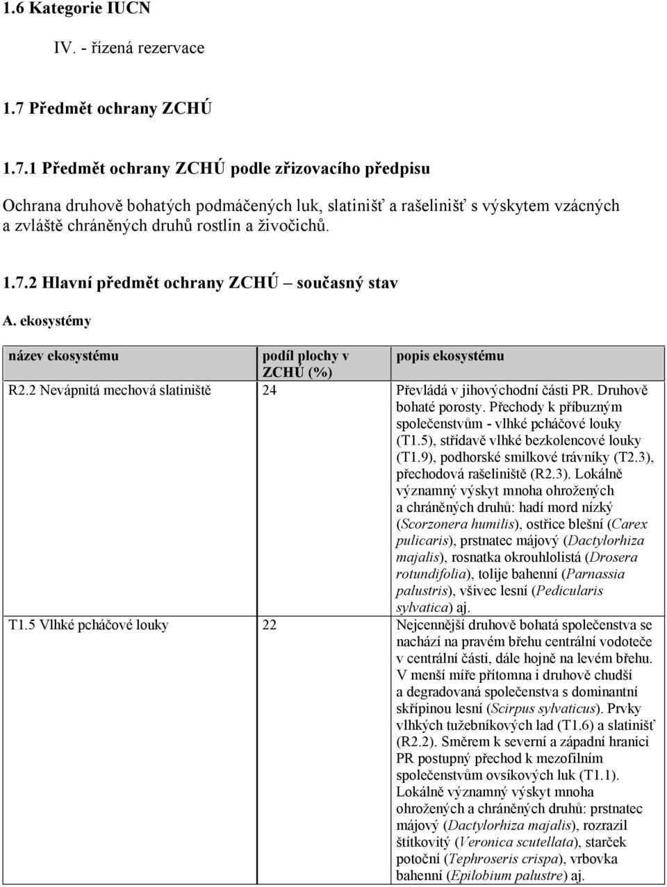 1 Předmět ochrany ZCHÚ podle zřizovacího předpisu Ochrana druhově bohatých podmáčených luk, slatinišť a rašelinišť s výskytem vzácných a zvláště chráněných druhů rostlin a živočichů. 1.7.