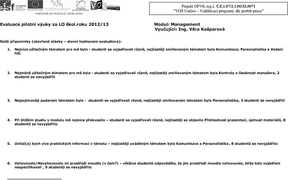 . Nejméně užitečným tématem pro mě bylo - studenti se vyjadřovali různě, nejčastěji zmiňovaným tématem byla Kontrola a Osobnost manažera, studenti se nevyjádřili.