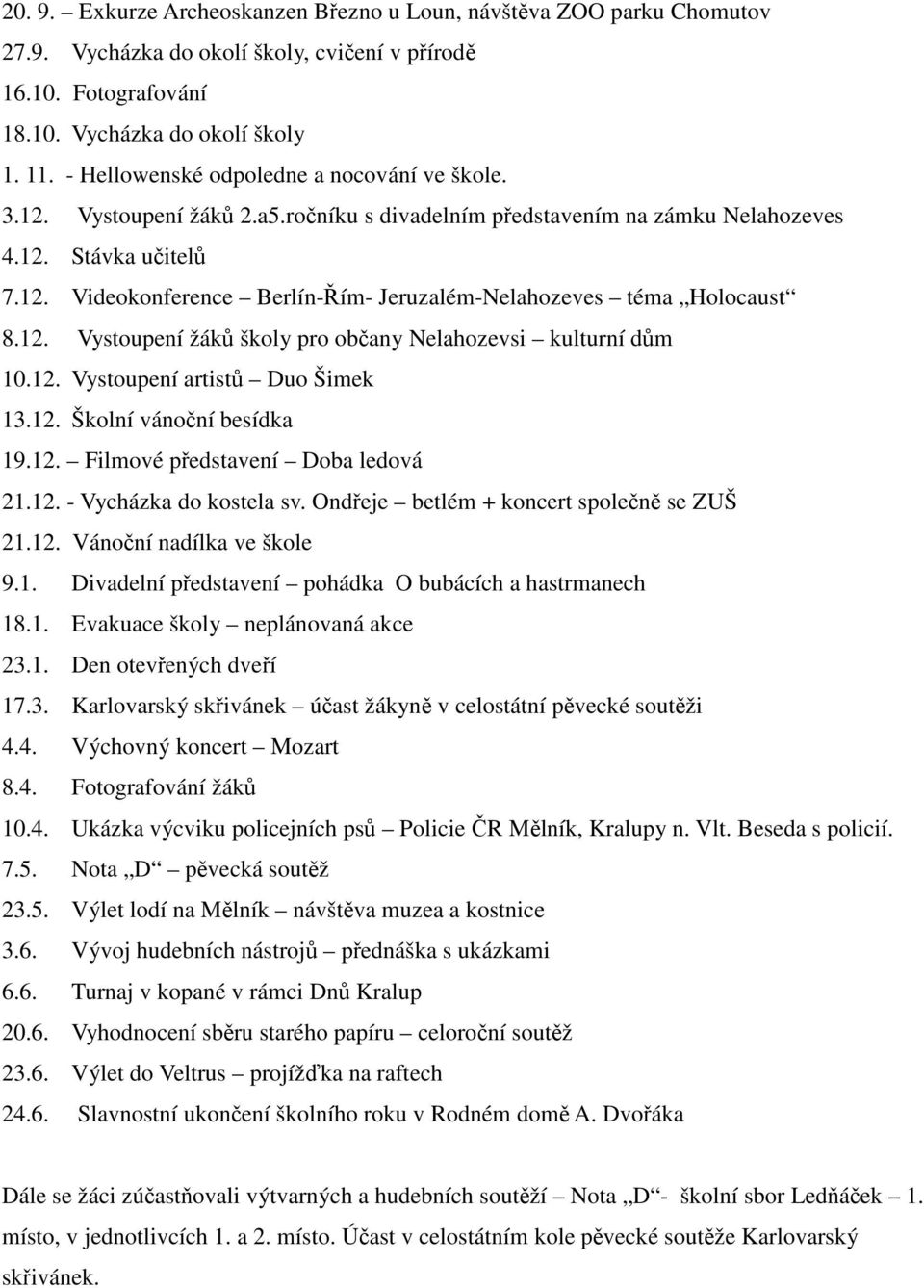 12. Vystoupení žáků školy pro občany Nelahozevsi kulturní dům 10.12. Vystoupení artistů Duo Šimek 13.12. Školní vánoční besídka 19.12. Filmové představení Doba ledová 21.12. - Vycházka do kostela sv.