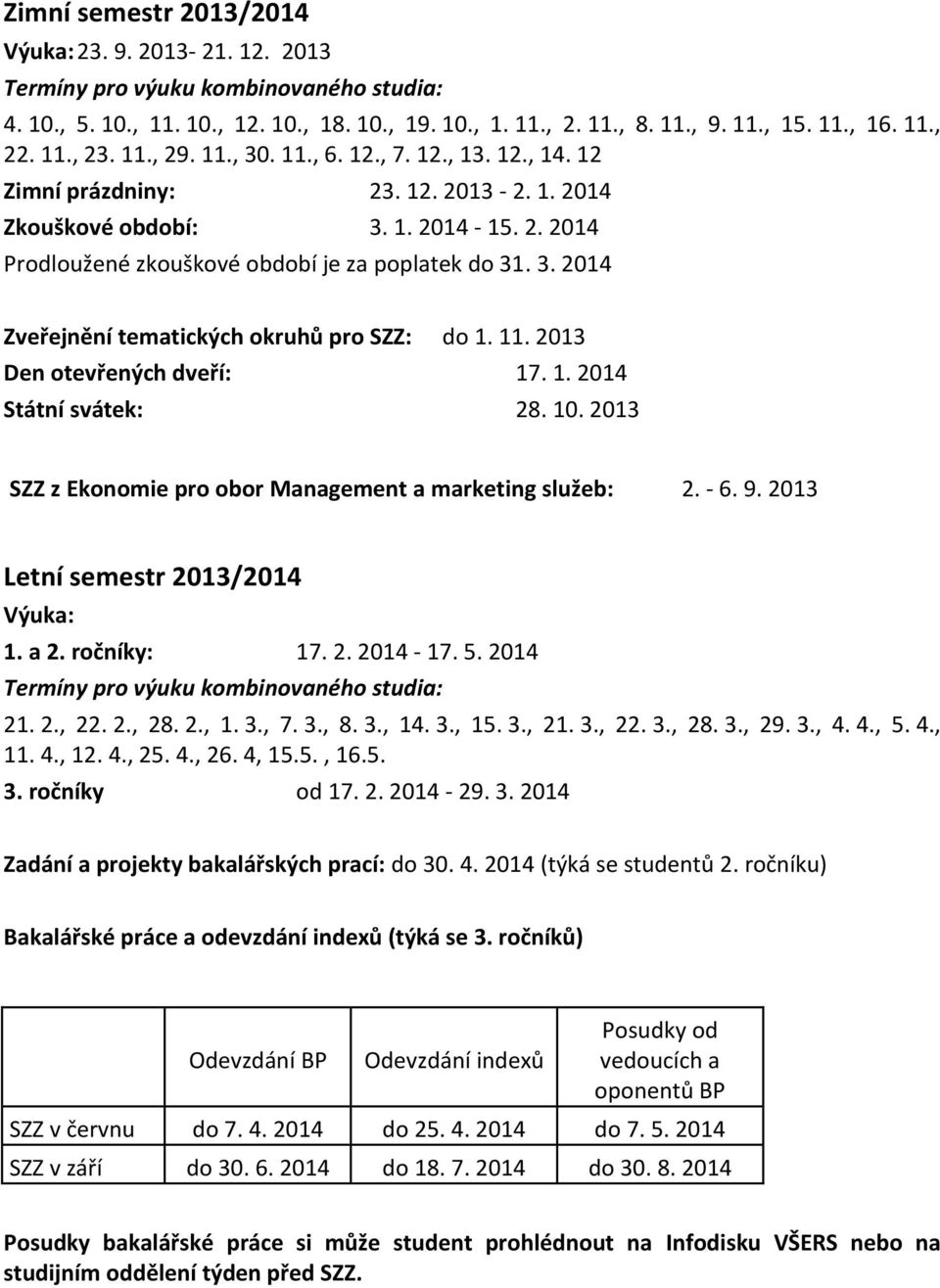 11. 2013 Den otevřených dveří: 17. 1. 2014 Státní svátek: 28. 10. 2013 SZZ z Ekonomie pro obor : 2. - 6. 9. 2013 Letní semestr 2013/2014 Výuka: 1. a 2. ročníky: 17. 2. 2014-17. 5.