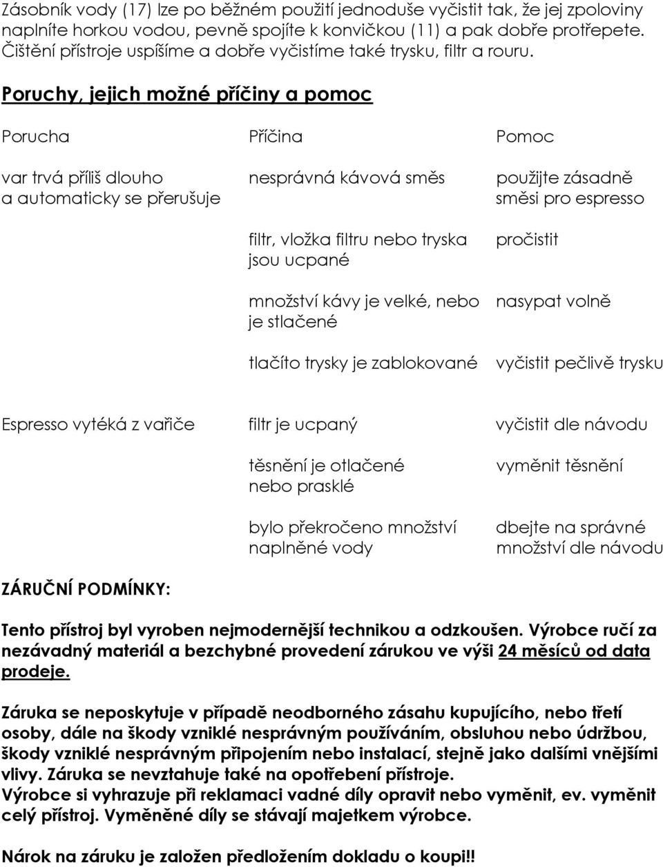 Poruchy, jejich možné příčiny a pomoc Porucha Příčina Pomoc var trvá příliš dlouho nesprávná kávová směs použijte zásadně a automaticky se přerušuje směsi pro espresso filtr, vložka filtru nebo