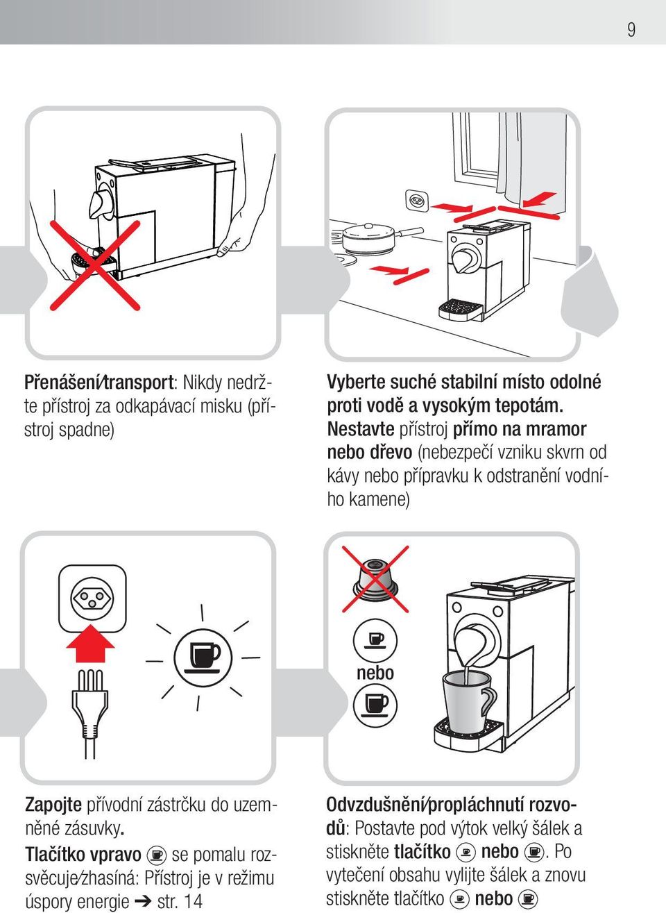 Nestavte přístroj přímo na mramor nebo dřevo (nebezpečí vzniku skvrn od kávy nebo přípravku k odstranění vodního kamene) nebo Zapojte přívodní