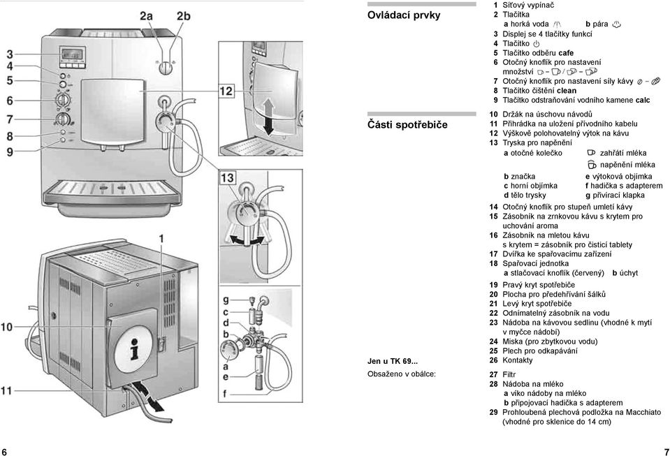 nastavení síly kávy 8 Tlačítko čištění clean 9 Tlačítko odstraňování vodního kamene calc 10 Držák na úschovu návodů 11 Přihrádka na uložení přívodního kabelu 12 Výškově polohovatelný výtok na kávu 13