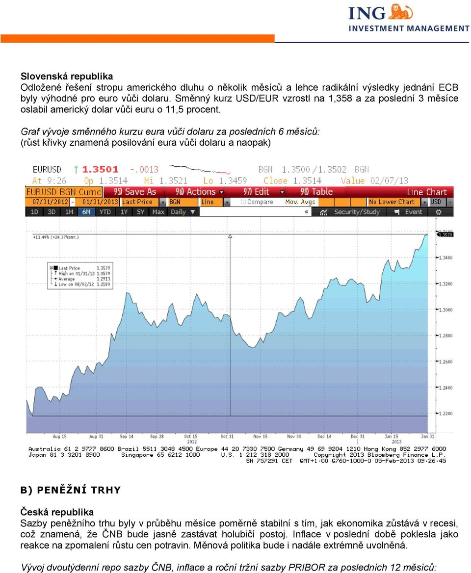 Graf vývoje směnného kurzu eura vůči dolaru za posledních 6 měsíců: (růst křivky znamená posilování eura vůči dolaru a naopak) B) PENĚŽNÍ TRHY Česká republika Sazby peněžního trhu byly v průběhu