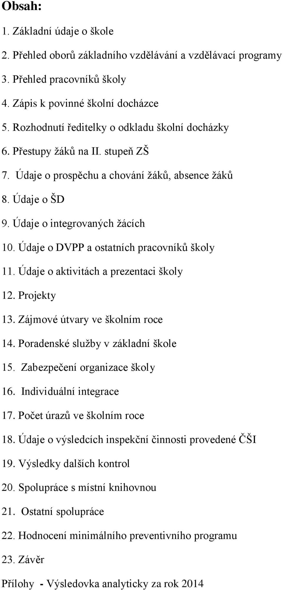 Údaje o DVPP a ostatních pracovníků školy 11. Údaje o aktivitách a prezentaci školy 12. Projekty 13. Zájmové útvary ve školním roce 14. Poradenské služby v základní škole 15.