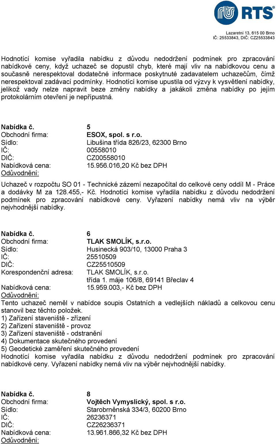 Hodnotící komise upustila od výzvy k vysvětlení nabídky, jelikož vady nelze napravit beze změny nabídky a jakákoli změna nabídky po jejím protokolárním otevření je nepřípustná. Nabídka č.