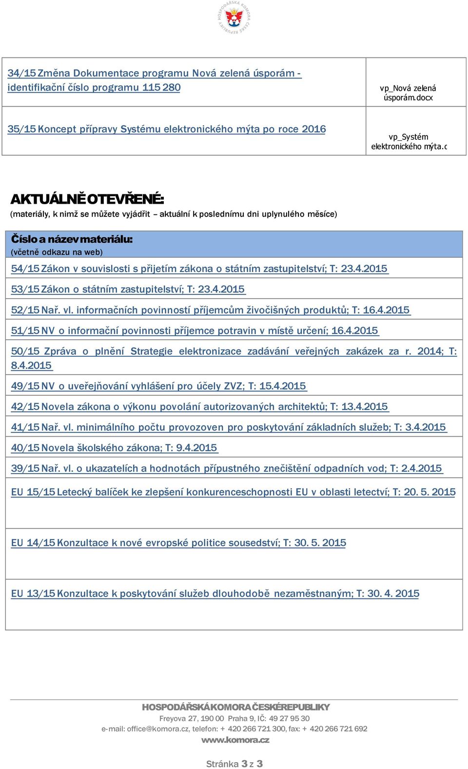 4.2015 52/15 Nař. vl. informačních povinností příjemcům živočišných produktů; T: 16.4.2015 51/15 NV o informační povinnosti příjemce potravin v místě určení; 16.4.2015 50/15 Zpráva o plnění Strategie elektronizace zadávání veřejných zakázek za r.