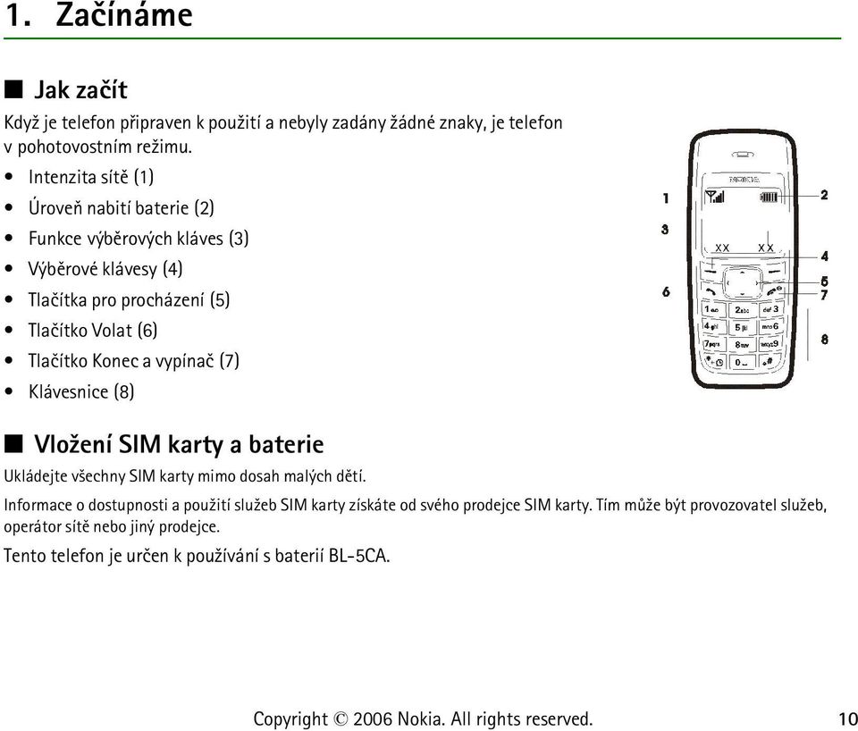 Tlaèítko Konec a vypínaè (7) Klávesnice (8) Vlo¾ení SIM karty a baterie Ukládejte v¹echny SIM karty mimo dosah malých dìtí.