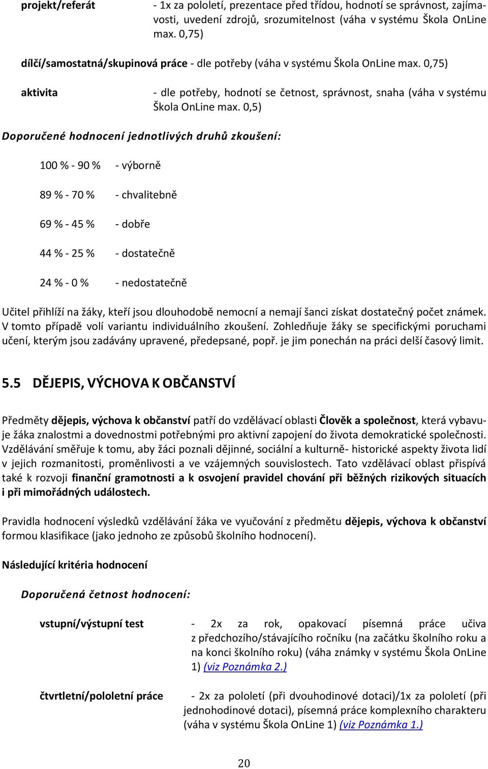 ,5) Doporučené hodnocení jednotlivých druhů zkoušení: % - 9 % - výborně 89 % - 7 % - chvalitebně 69 % - 45 % - dobře 44 % - 5 % - dostatečně 4 % - % - nedostatečně Učitel přihlíží na žáky, kteří jsou