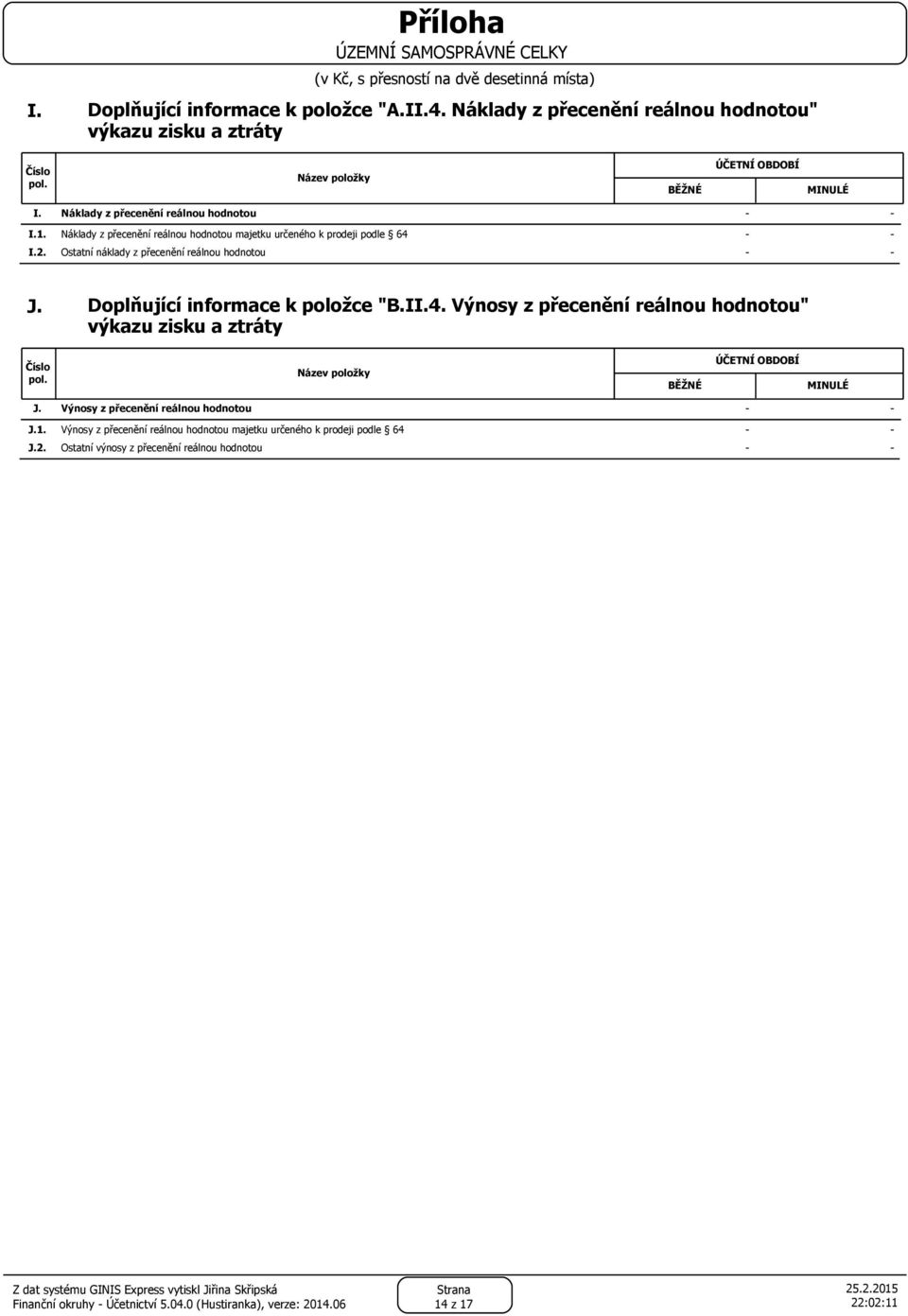 Doplňující informace k položce "B.II.4. Výnosy z přecenění reálnou hodnotou" výkazu zisku a ztráty BĚŽNÉ ÚČETNÍ OBDOBÍ MINULÉ J. J.1. J.2.