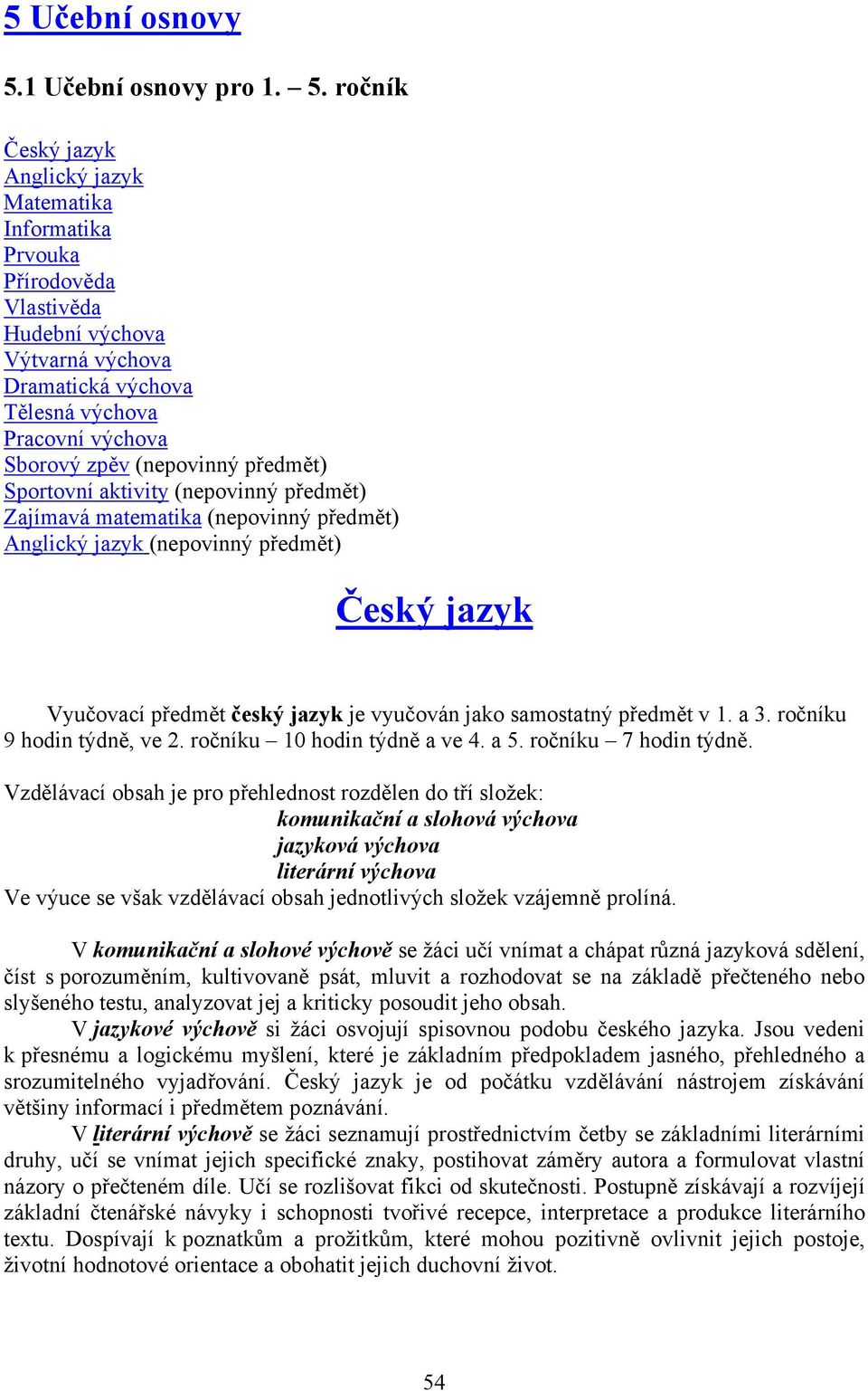 ročník Český jazyk Anglický jazyk Matematika Informatika Prvouka Přírodověda Vlastivěda Hudební výchova Výtvarná výchova Dramatická výchova Tělesná výchova Pracovní výchova Sborový zpěv (nepovinný