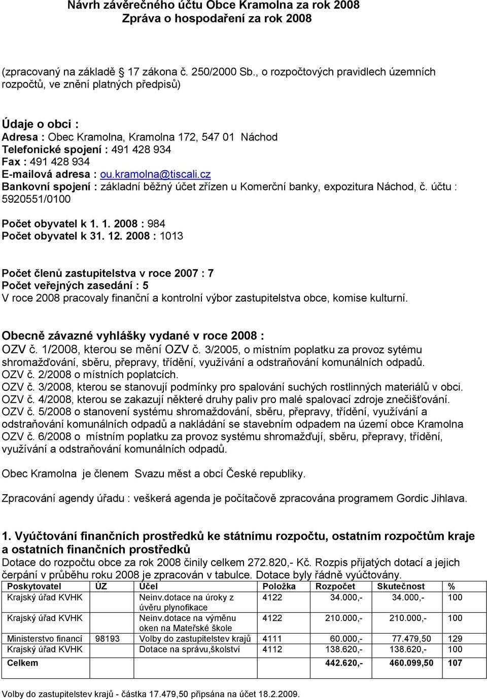 E-mailová adresa : ou.kramolna@tiscali.cz Bankovní spojení : základní běžný účet zřízen u Komerční banky, expozitura Náchod, č. účtu : 5920551/0100 Počet obyvatel k 1. 1. 2008 : 984 Počet obyvatel k 31.