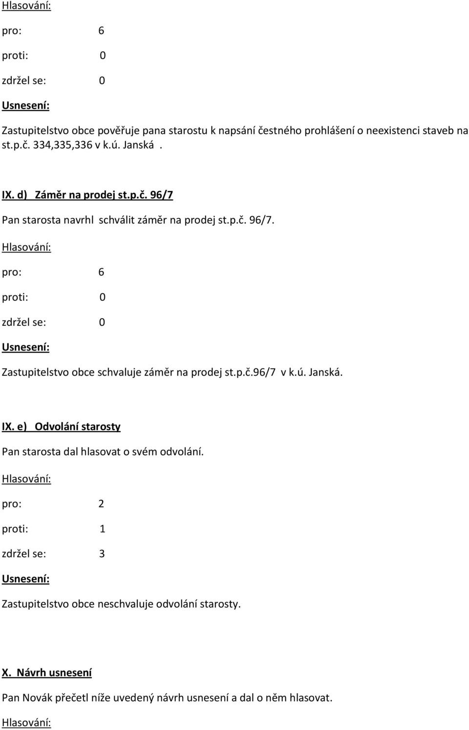 p.č.96/7 v k.ú. Janská. IX. e) Odvolání starosty Pan starosta dal hlasovat o svém odvolání.