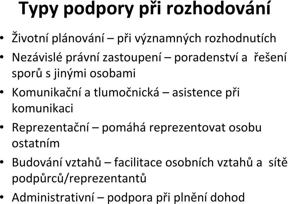 asistence při komunikaci Reprezentační pomáhá reprezentovat osobu ostatním Budování