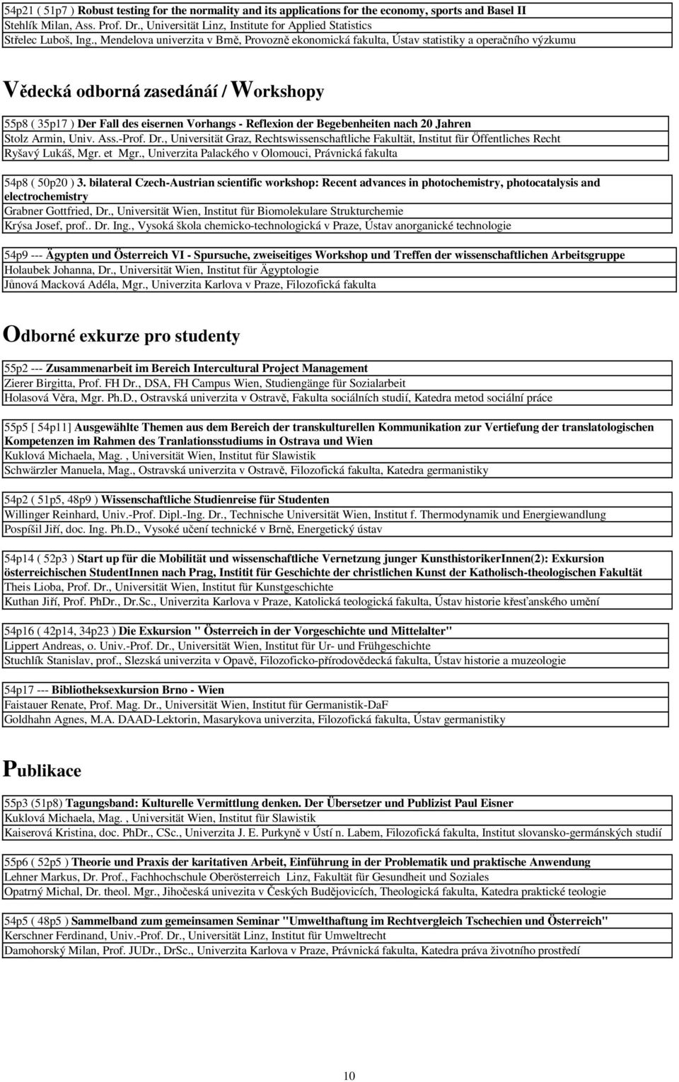 , Mendelova univerzita v Brně, Provozně ekonomická fakulta, Ústav statistiky a operačního výzkumu Vědecká odborná zasedánáí / Workshopy 55p8 ( 35p17 ) Der Fall des eisernen Vorhangs - Reflexion der