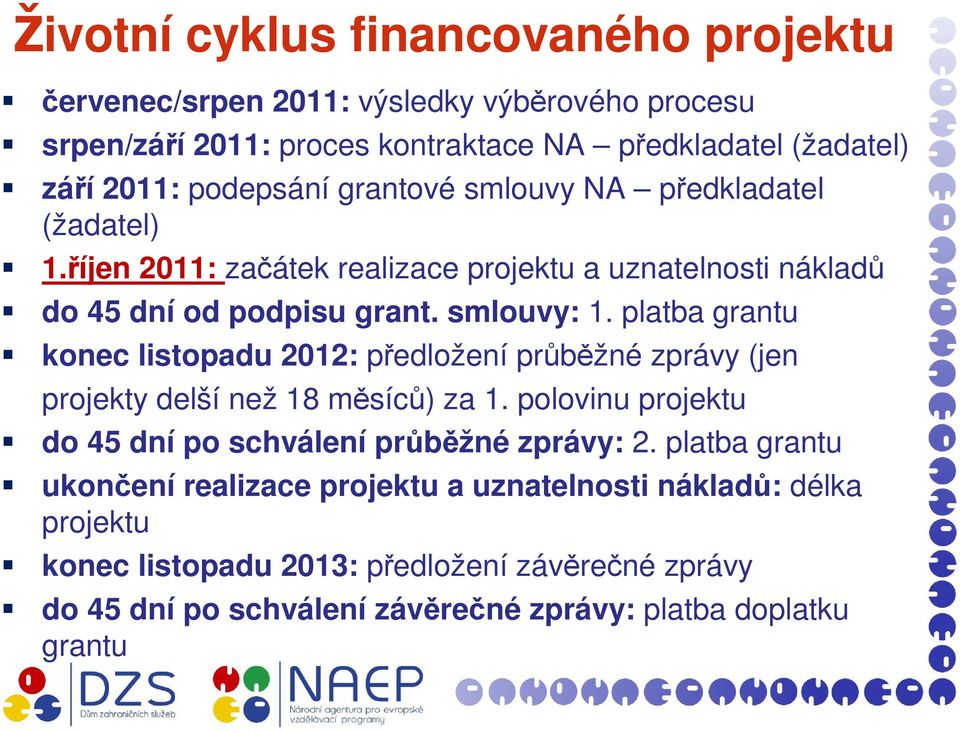 platba grantu konec listopadu 2012: předložení průběžné zprávy (jen projekty delší než 18 měsíců) za 1. polovinu projektu do 45 dní po schválení průběžné zprávy: 2.