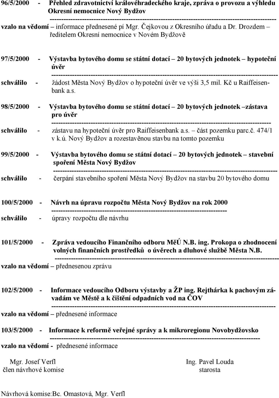 výši 3,5 mil. Kč u Raiffeisenbank a.s. 98/5/2000 - Výstavba bytového domu se státní dotací 20 bytových jednotek zástava pro úvěr schválilo - zástavu na hypoteční úvěr pro Raiffeisenbank a.s. část pozemku parc.