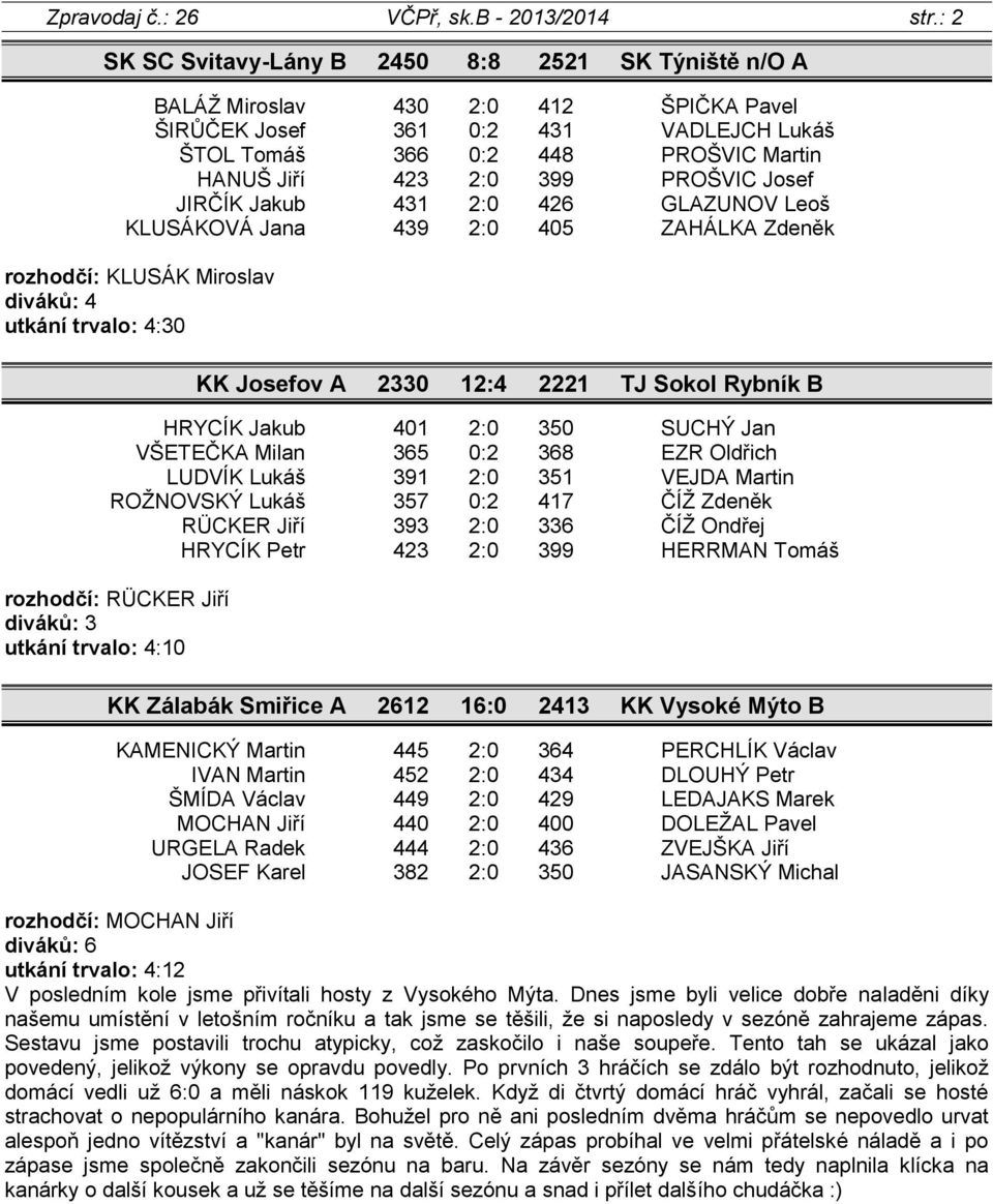 PROŠVIC Josef JIRČÍK Jakub 431 2:0 426 GLAZUNOV Leoš KLUSÁKOVÁ Jana 439 2:0 405 ZAHÁLKA Zdeněk rozhodčí: KLUSÁK Miroslav diváků: 4 utkání trvalo: 4:30 KK Josefov A 2330 12:4 2221 TJ Sokol Rybník B