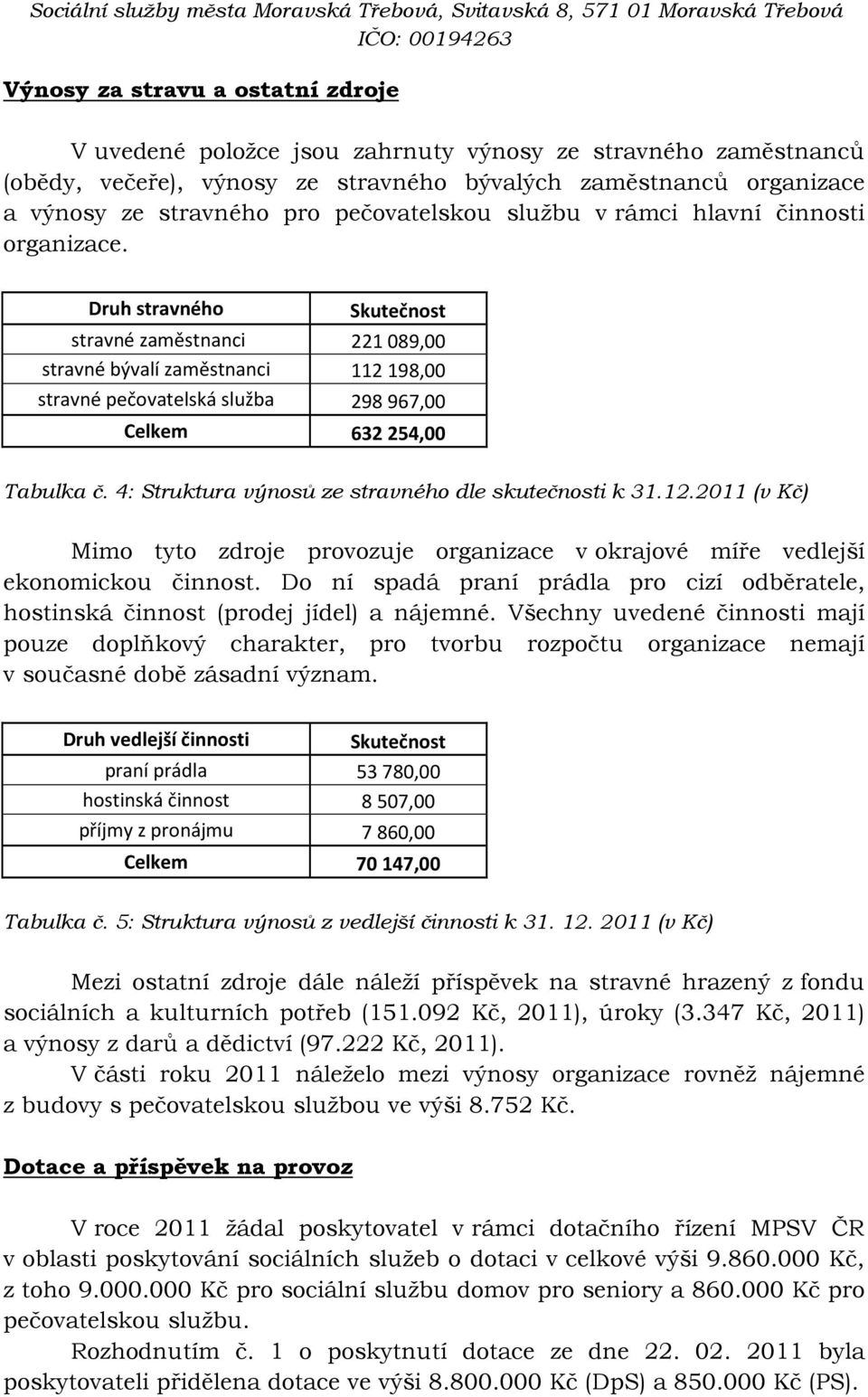 Druh stravného Skutečnost stravné zaměstnanci 221 089,00 stravné bývalí zaměstnanci 112 198,00 stravné pečovatelská služba 298 967,00 Celkem 632 254,00 Tabulka č.