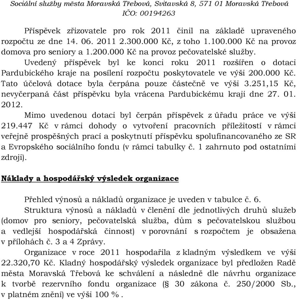 251,15 Kč, nevyčerpaná část příspěvku byla vrácena Pardubickému kraji dne 27. 01. 2012. Mimo uvedenou dotaci byl čerpán příspěvek z úřadu práce ve výši 219.