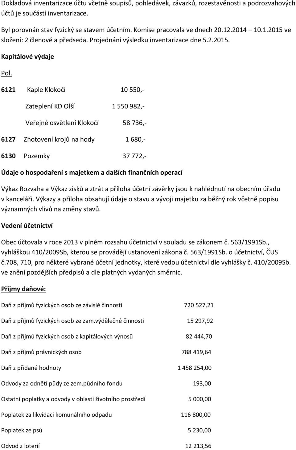 6121 Kaple Klokočí 10 550,- Zateplení KD Olší 1 550 982,- Veřejné osvětlení Klokočí 58 736,- 6127 Zhotovení krojů na hody 1 680,- 6130 Pozemky 37 772,- Údaje o hospodaření s majetkem a dalších