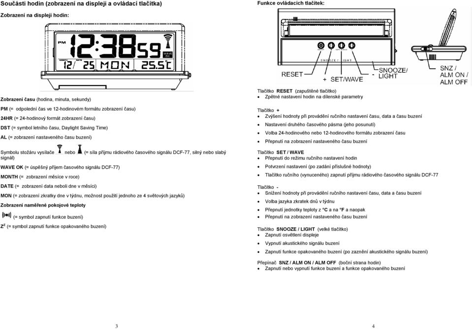 příjmu rádiového časového signálu DCF-77, silný nebo slabý signál) WAVE OK (= úspěšný příjem časového signálu DCF-77) MONTH (= zobrazení měsíce v roce) DATE (= zobrazení data neboli dne v měsíci) MON