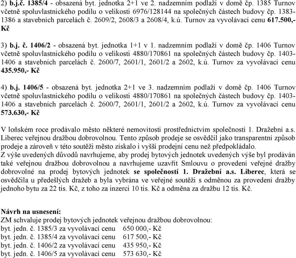 1406 Turnov včetně spoluvlastnického podílu o velikosti 4880/170861 na společných částech budovy čp. 14031406 a stavebních parcelách č. 2600/7, 2601/1, 2601/2 a 2602, k.ú.