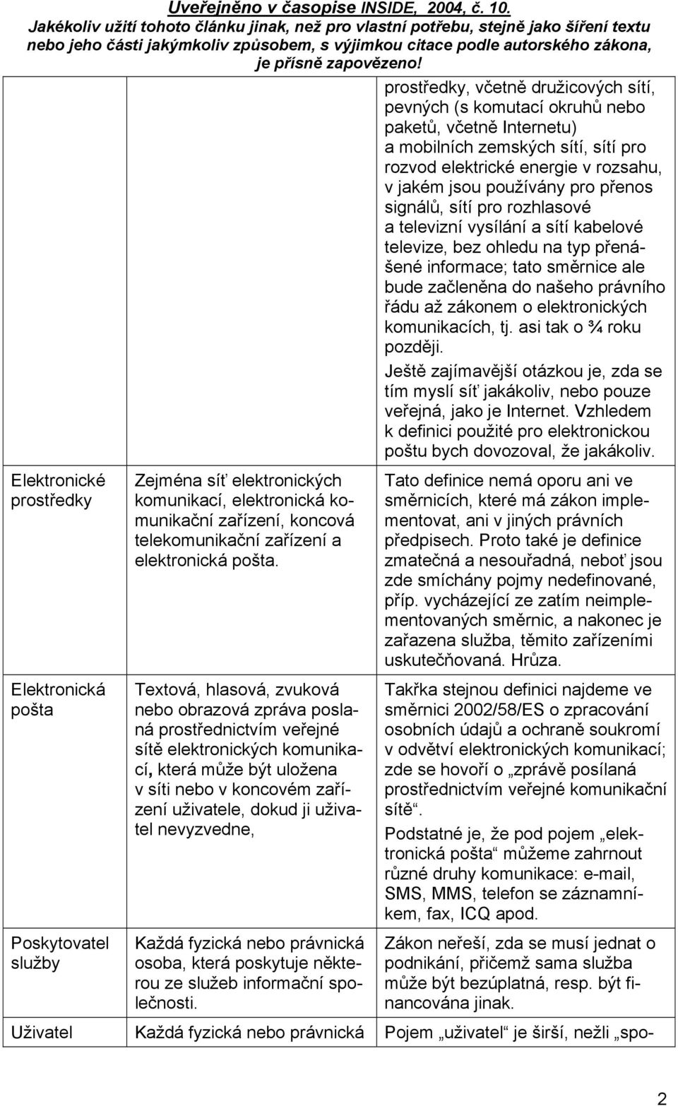 elektronických komunikacích, tj. asi tak o ¾ roku později. Ještě zajímavější otázkou je, zda se tím myslí síť jakákoliv, nebo pouze veřejná, jako je Internet.