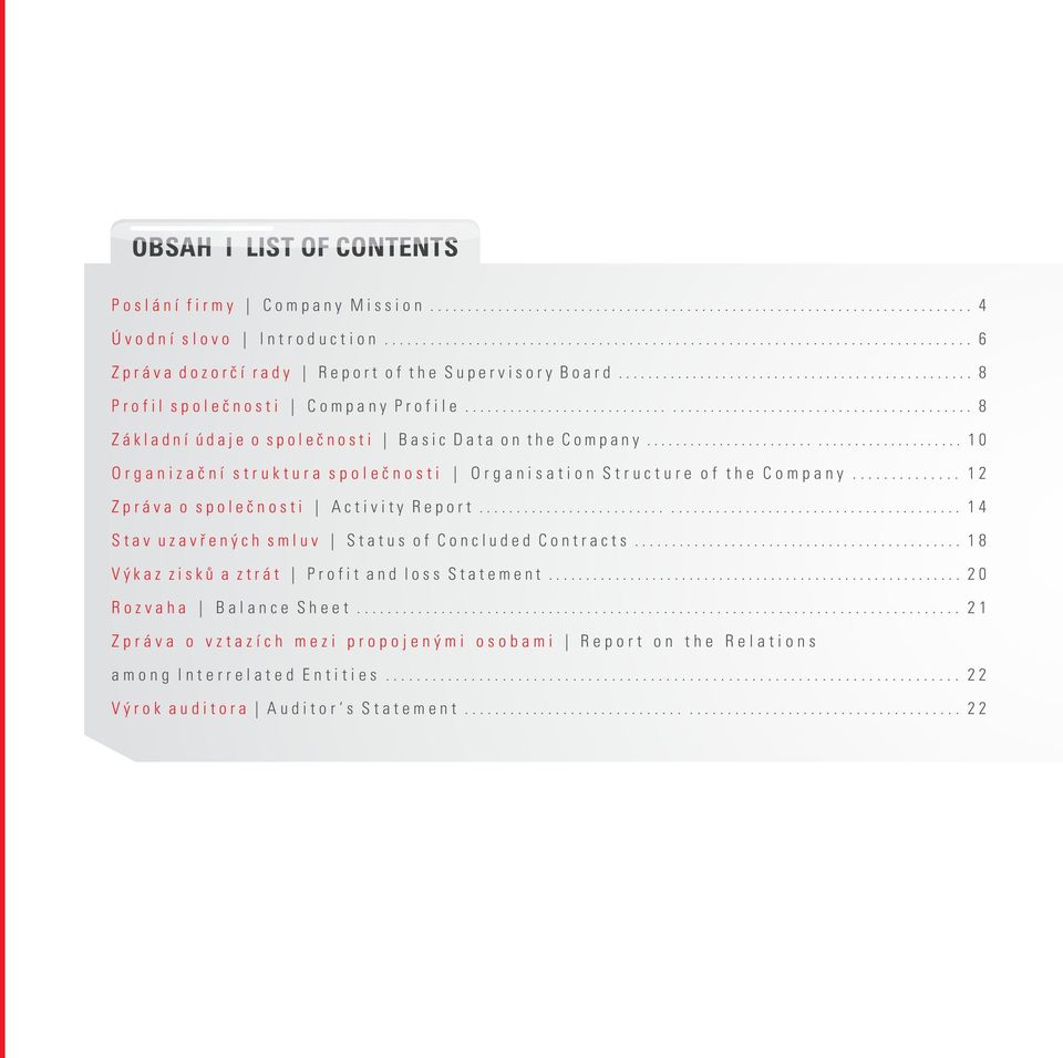..... 1 Organizační struktura společnosti Organisation Structure of the Company... 12 Zpráva o společnosti Activity Report.