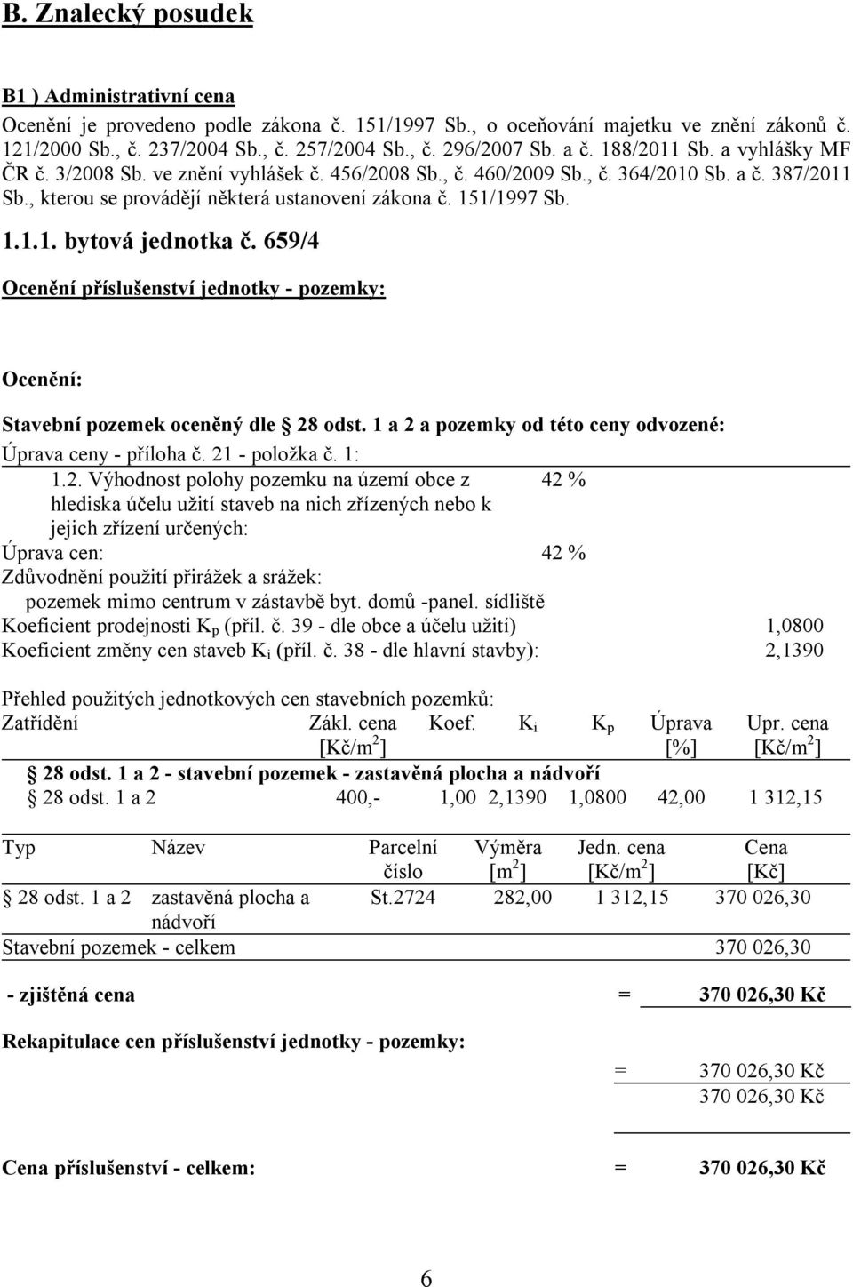 659/4 Ocenění příslušenství jednotky - pozemky: Ocenění: Stavební pozemek oceněný dle 28