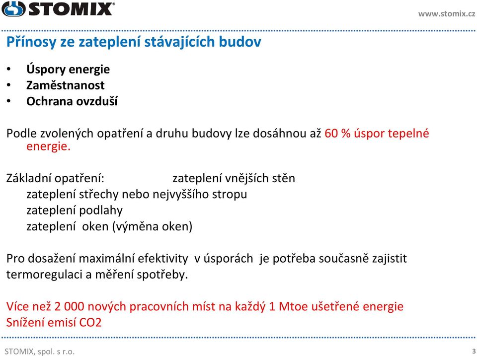 Základní opatření: zateplení vnějších stěn zateplenístřechy nebo nejvyššího stropu zateplení podlahy zateplení oken