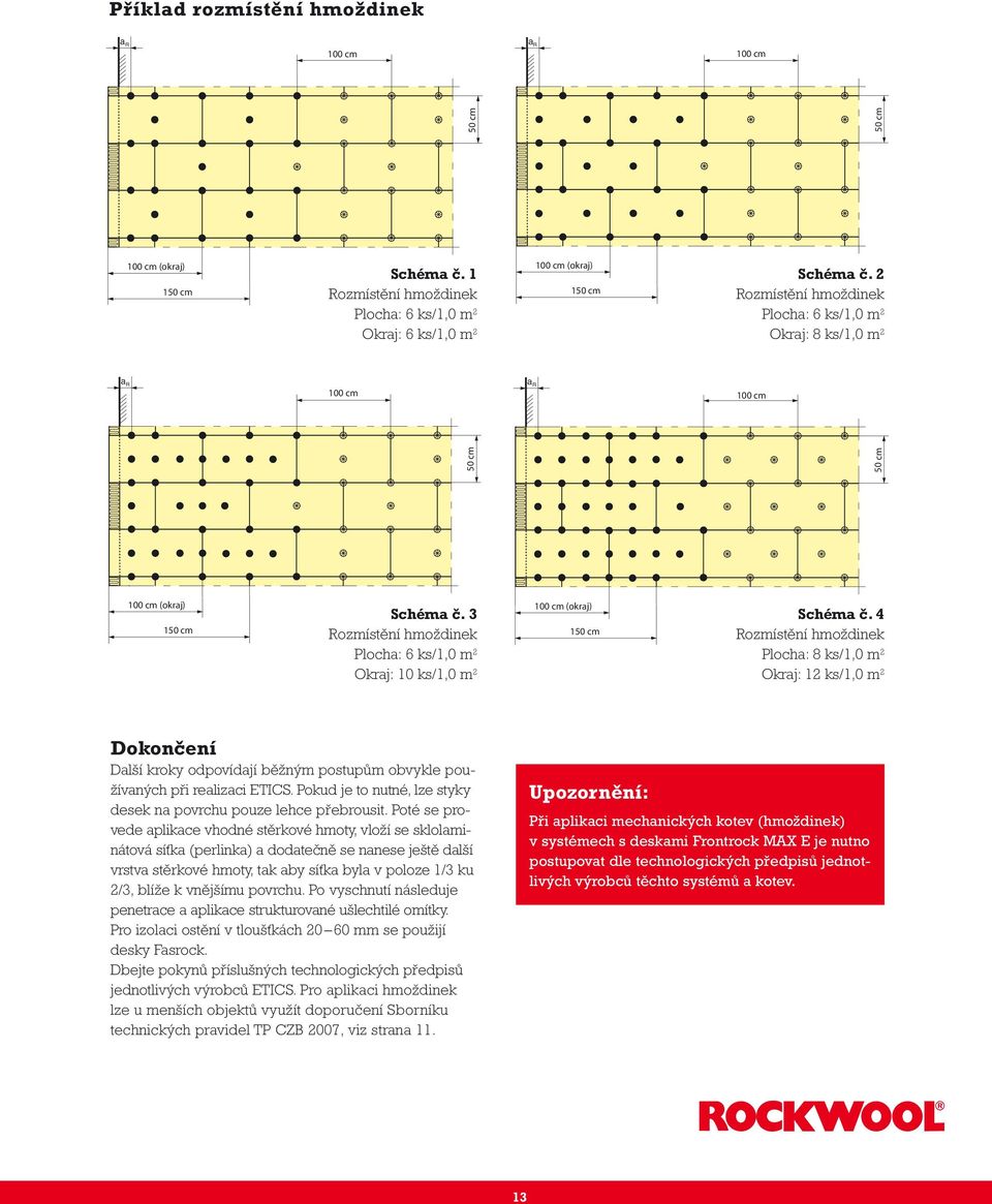 3 Rozmístění hmoždinek Plocha: 6 ks/1,0 m 2 Okraj: 10 ks/1,0 m 2 100 cm (okraj) 150 cm Schéma č.