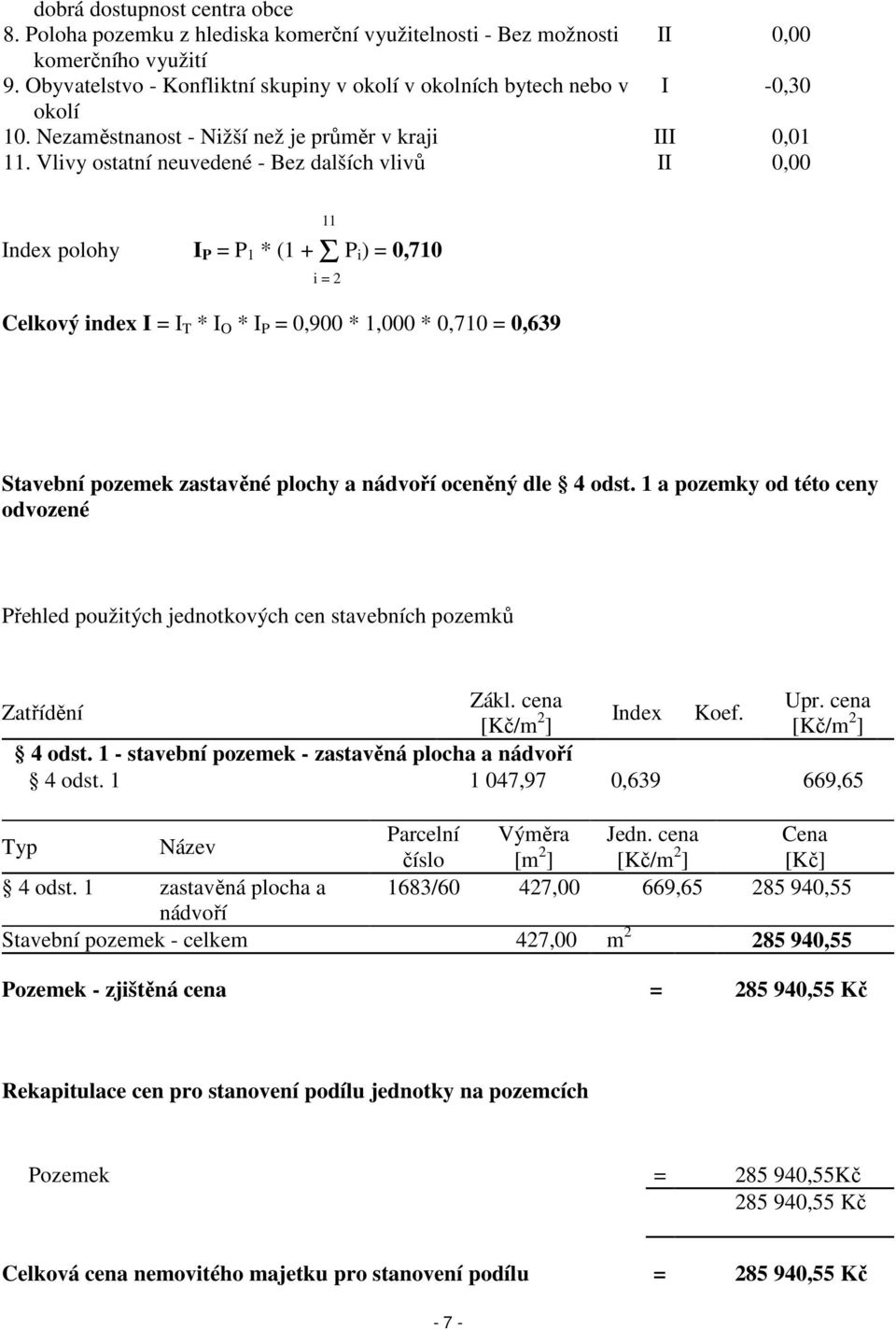 Vlivy ostatní neuvedené - Bez dalších vlivů II 0,00 Index polohy I P = P 1 * (1 + Σ P i ) = 0,710 Celkový index I = I T * I O * I P = 0,900 * 1,000 * 0,710 = 0,639 11 i = 2 Stavební pozemek zastavěné