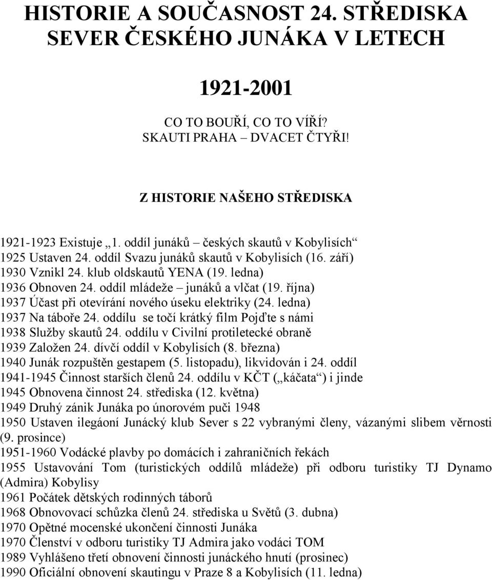 oddíl mládeţe junáků a vlčat (19. října) 1937 Účast při otevírání nového úseku elektriky (24. ledna) 1937 Na táboře 24. oddílu se točí krátký film Pojďte s námi 1938 Sluţby skautů 24.