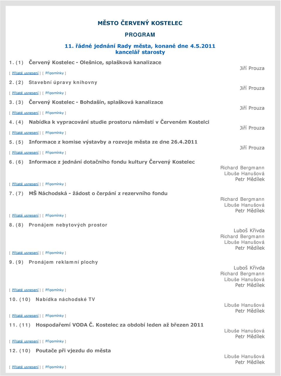 (6) Informace z jednání dotačního fondu kultury Červený Kostelec 7. (7) MŠ Náchodská - žádost o čerpání z rezervního fondu 8. (8) Pronájem nebytových prostor 9. (9) Pronájem reklamní plochy 10.