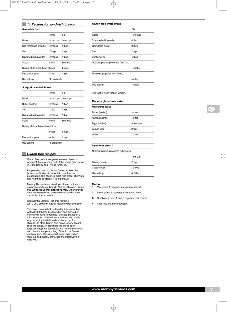 Salt Sunflower oil Nutricia glutafin gluten free fibre mix Dry yeast (supplied with flour) 2lb 15/8 cups 4 tbsp 3 tbsp 2 tsp 4 tbsp 1 packet Use setting 11 Sandwich 3/4 tsp Softgrain sandwich loaf