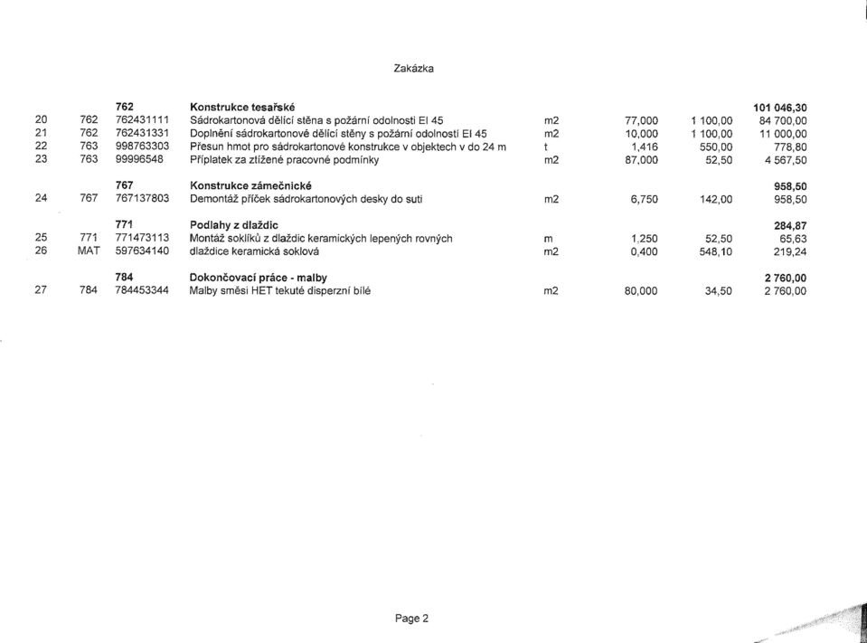 podmínky m2 87,000 52,50 4 567,50 767 Konstrukce zámečnické 958,50 24 767 767137803 Demontáž příček sádrokartonových desky do suti m2 6,750 142,00 958,50 771 Podlahy z dlaždic 284,87 25 771 771473113