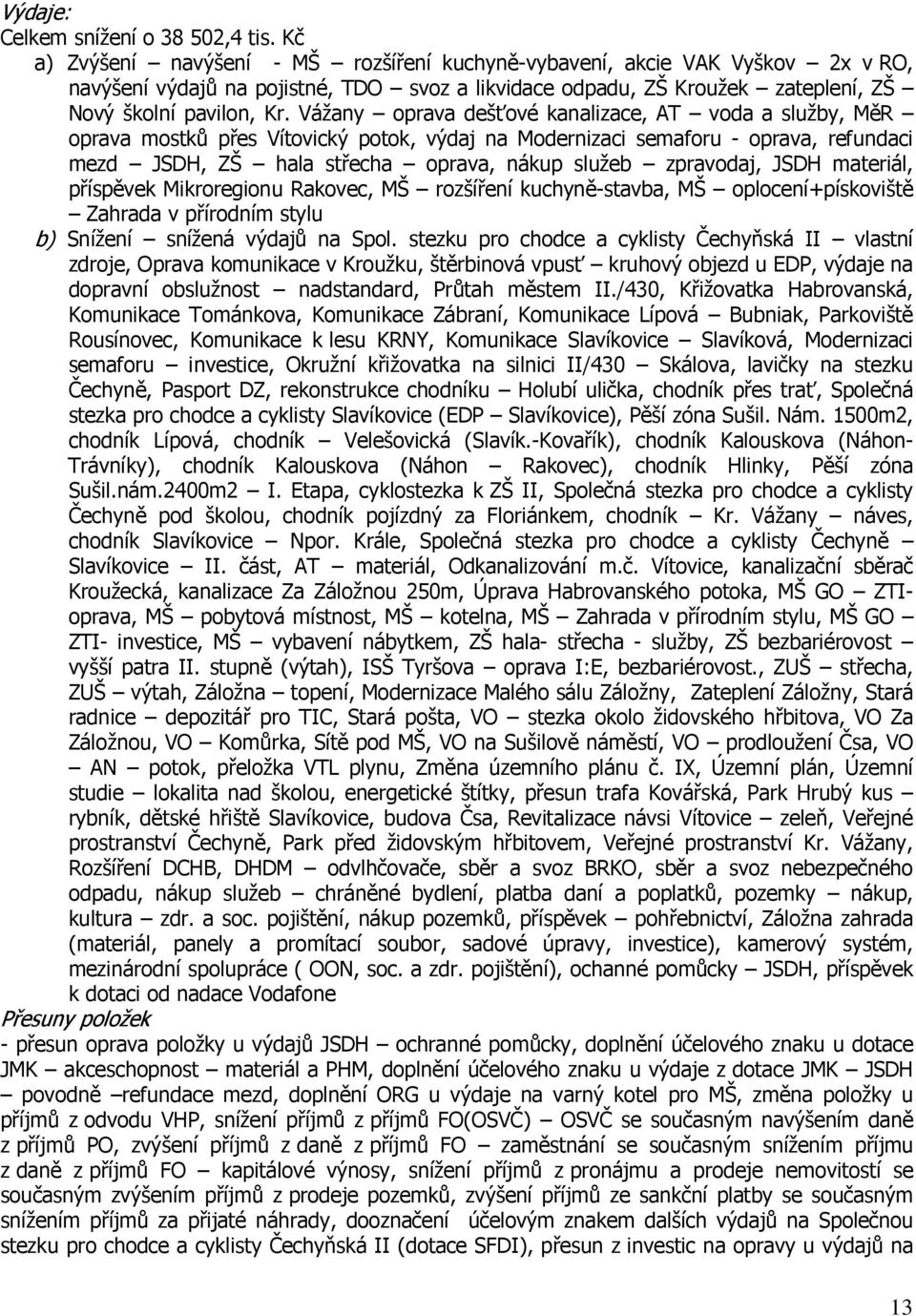 Vážany oprava dešťové kanalizace, AT voda a služby, MěR oprava mostků přes Vítovický potok, výdaj na Modernizaci semaforu - oprava, refundaci mezd JSDH, ZŠ hala střecha oprava, nákup služeb