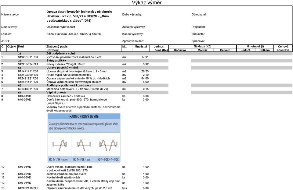 Náklady (Kč) Hmotnost (t) Cenová Rozměry cena (Kč) Dodávka Montáž Celkem Jednot. Celkem soustava 31 Zdi podpěrné a volné 1 319201311R00 Vyrovnání povrchu zdiva maltou tl.