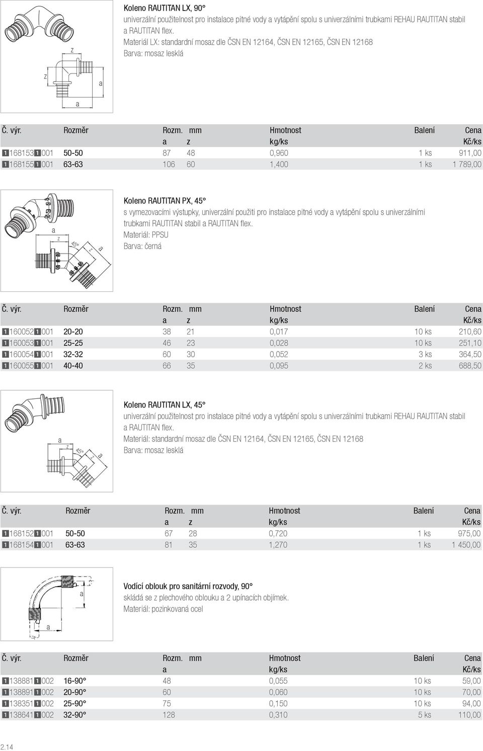 mm Hmotnost Blení Cen kg/ks Kč/ks 11681531001 50-50 87 48 0,960 1 ks 911,00 11681551001 63-63 106 60 1,400 1 ks 1 789,00 45 45 Koleno RAUTITAN PX, 45 s vymeovími výstupky, univerální použiti pro